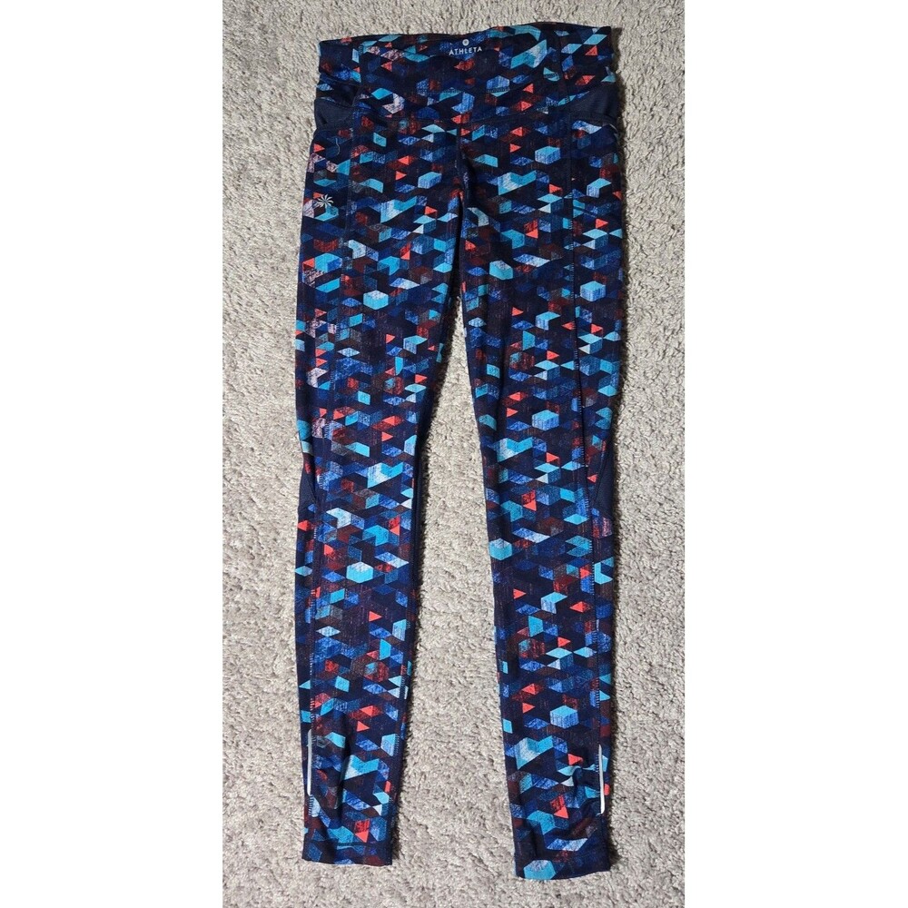 Athleta Be Free Mesh Geometric Triangle Print Full Length Leggings Blue Red XS